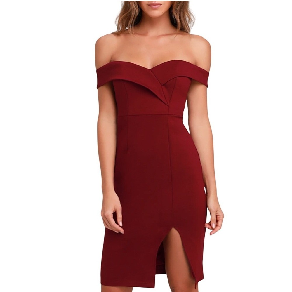 Lulus Burgundy Red Off the Shoulder Bodycon Mini Dress Slit Wine size Large‎